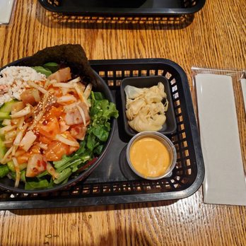 Luv Fish Poke - Half half large bowl with salmon, tuna, and ponzu. Spicy mayo, ginger, and neatly packaged chopsticks and napkin on the side. - Japanese Near Me - Garden Grove, California Luv Fish Poke - Half half large bowl with salmon, tuna, and ponzu. Spicy mayo, ginger, and neatly packaged chopsticks and napkin on the side. - Japanese Near Me - Garden Grove, California