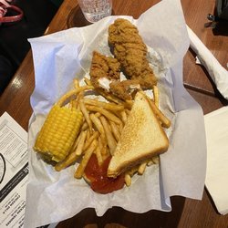 RibCrib BBQ - Kids chicken tender with fries. Added a corn