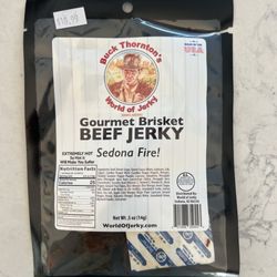 Buck Thornton's World of Jerky - This is the front of the packaging with the smallest warning ever.