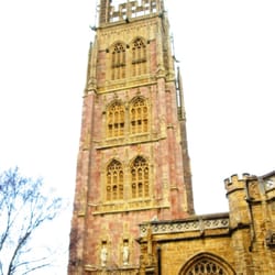 Church of St Mary Magdalene - Tower of St Mary Magdalene. Red sandstone with Ham stone facings.