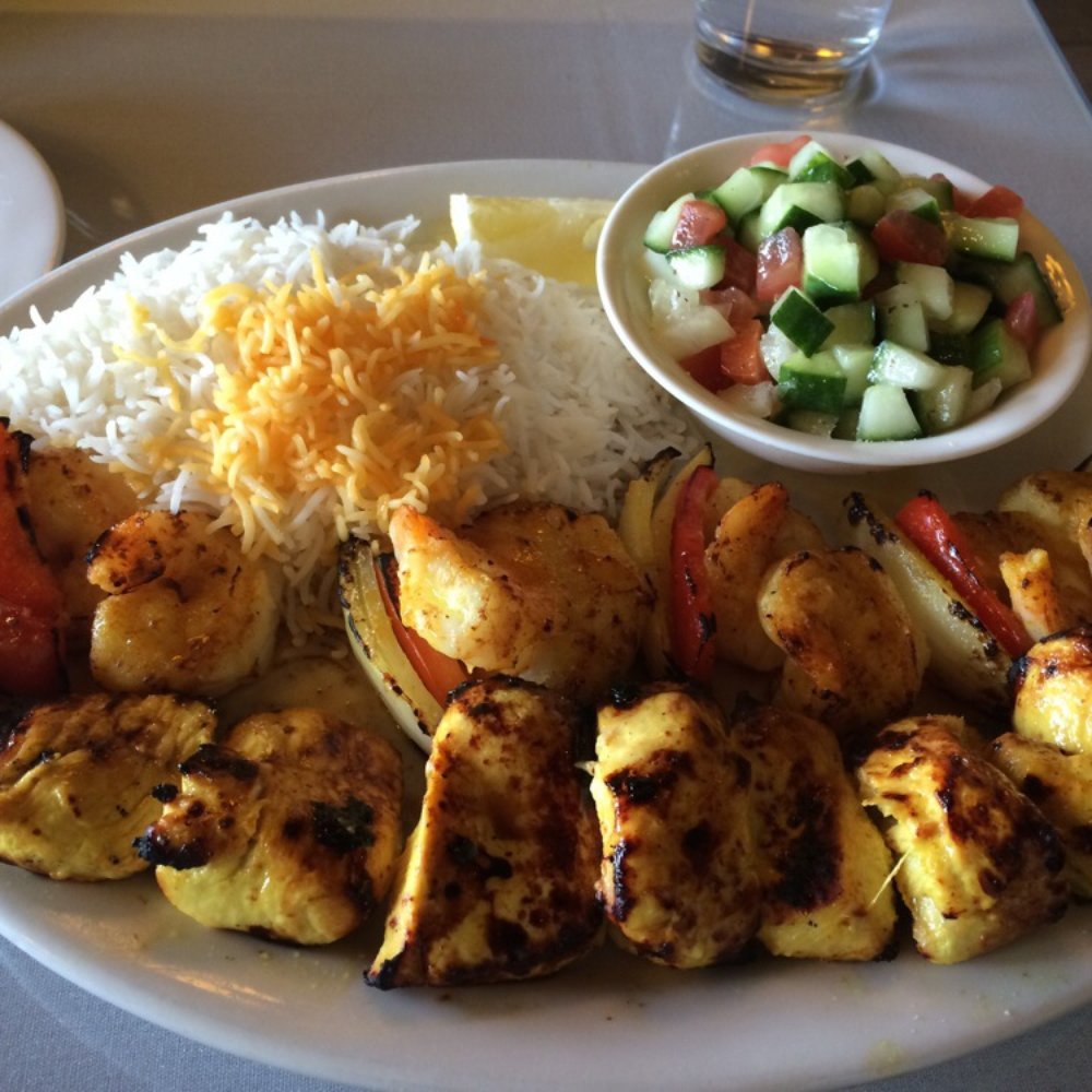 Kababbq Grill & Café - Combo B: saffora rice, cucumber tomato salad, shrimp and chicken kobobs - Persian/Iranian Near Me - San Rafael, California