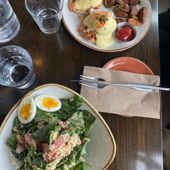 Woodblock - Strawberry rhubarb salad with soft boiled egg.  Salmon Benedict with Breakfast Potatoes. - Cocktail Bars Near Me - Redmond, Washington