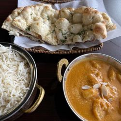 Shrimp korma and garlic naan