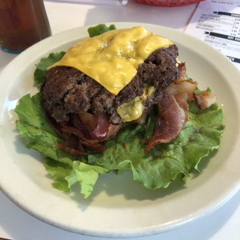 Schoop's Hamburgers - Double cheeseburger with bacon, no bun. This was a lot of food. - Burgers Near Me - Michigan City, Indiana Schoop's Hamburgers - Double cheeseburger with bacon, no bun. This was a lot of food. - Burgers Near Me - Michigan City, Indiana