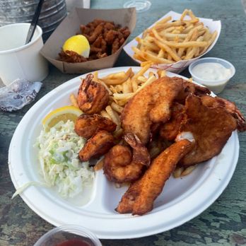 Point Lookout Clam Bar - Fried Shrimp and Fish Platter, Fried Clam Strips, Fries, and New England Clam Chowder :) - Seafood Near Me - Point Lookout, New York