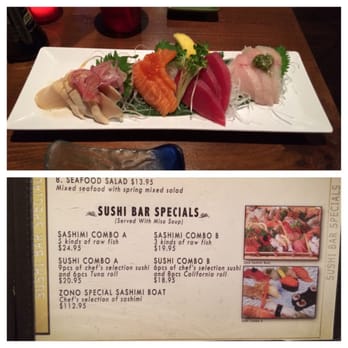 Zono Sushi - Sashimi Combo A should include 5 different types of fish. However, today it was 4 kinds with extra pieces of albacore. - Sushi Bars Near Me - Glendale, California