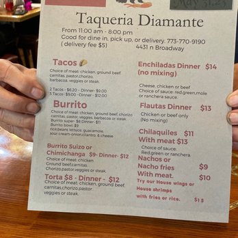 Taqueria Diamante - Grand Opening Menu. May 2023. - Mexican Near Me - Chicago, Illinois