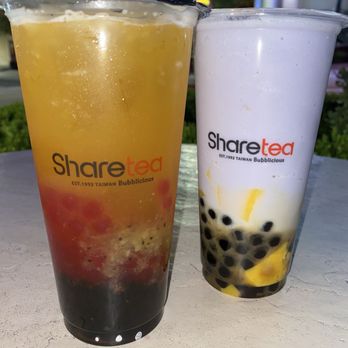 Sharetea - Valencia - Left is (25) Peach Kiwi Tea with Aiyu Jelly and right is (40) Taro Ice Blended with Pudding - Bubble Tea Near Me - Valencia, California Sharetea - Valencia - Left is (25) Peach Kiwi Tea with Aiyu Jelly and right is (40) Taro Ice Blended with Pudding - Bubble Tea Near Me - Valencia, California