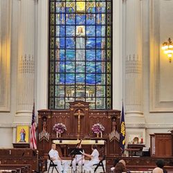 Naval Academy Tour Guide Service - Front of chapel with Tiffany window