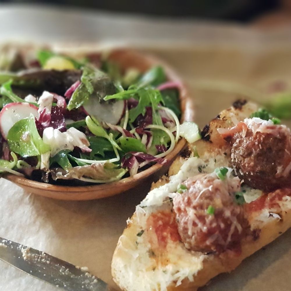 BakeChop - Meatball open face with salad. - Coffee & Tea Near Me - Deland, Florida BakeChop - Meatball open face with salad. - Coffee & Tea Near Me - Deland, Florida