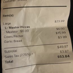 the receipt for the pizza the receipt for the pizza