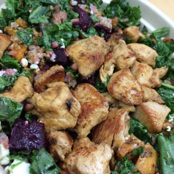 Roots Natural Kitchen - Mayweather: kale, chicken, bulgur, roasted beets, sweet potatoes, red onions, goat cheese, and avocado - New American Near Me - Charlottesville, Virginia Roots Natural Kitchen - Mayweather: kale, chicken, bulgur, roasted beets, sweet potatoes, red onions, goat cheese, and avocado - New American Near Me - Charlottesville, Virginia