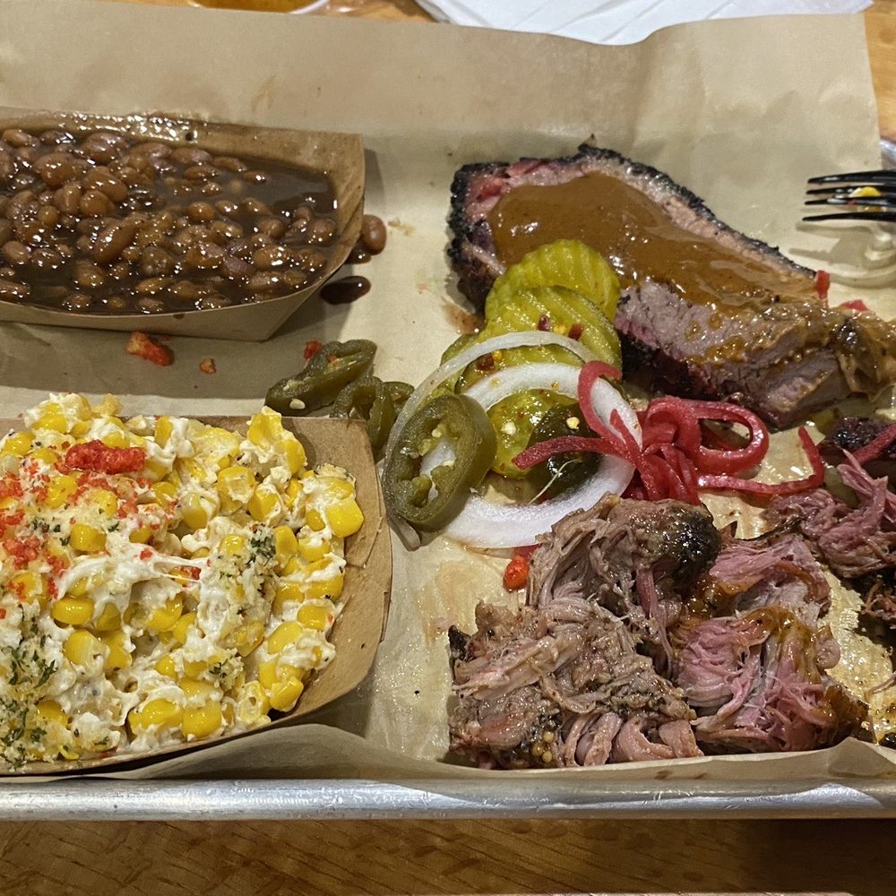Beans, street corn, brisket and pork Beans, street corn, brisket and pork