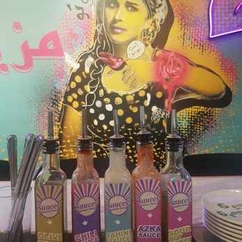 Azkadenya - Mezza Diner - Sauces! (on each table) - Middle Eastern Near Me - Toronto, Ontario