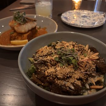 The Foxtail - Fox poke bowl (amazing) and red snapper on jalapeño grit cake (swimming in a phenomenal ragu) - Mediterranean Near Me - Madison, Mississippi
