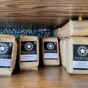 Starlight Coffee Co. - three bags of coffee on a shelf - Coffee & Tea Near Me - Sellersburg, Indiana Starlight Coffee Co. - three bags of coffee on a shelf - Coffee & Tea Near Me - Sellersburg, Indiana