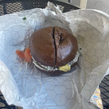Shirley's Bagels - Lox and egg on a pumpernickel bagel - Bagels Near Me - Costa Mesa, California Shirley's Bagels - Lox and egg on a pumpernickel bagel - Bagels Near Me - Costa Mesa, California
