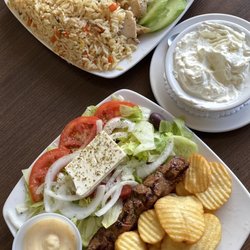 Restaurant Marathon Souvlaki - Pork Souvlaki plate with fries + Half&Half pork gyro and chicken shawarma with rice plate w/ tzatziki side.