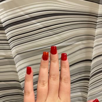 BJ's Happy Nail Spa - Short red acrylic with glitter for Christmas ! - Nail Salons Near Me - Merced, California
