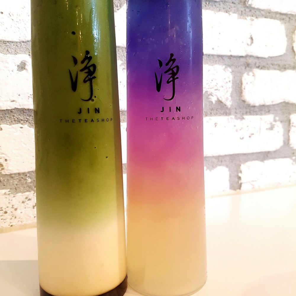 Jin Tea Shop - Butterfly pea drink on right followed by the matcha milk - Tea Rooms Near Me - Pasadena, California