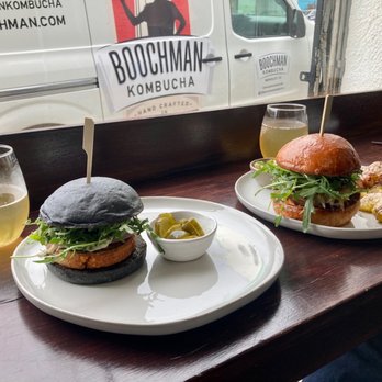 Boochmania - Bean burger, meat burger with smashed potatoes, and ginger sage kombucha. - Kombucha Near Me - San Francisco, California Boochmania - Bean burger, meat burger with smashed potatoes, and ginger sage kombucha. - Kombucha Near Me - San Francisco, California
