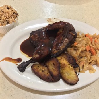 De-Jred - Large order of jerk (1/2) chicken with rice & peas, steamed cabbage and plantains - Caribbean Near Me - Skokie, Illinois