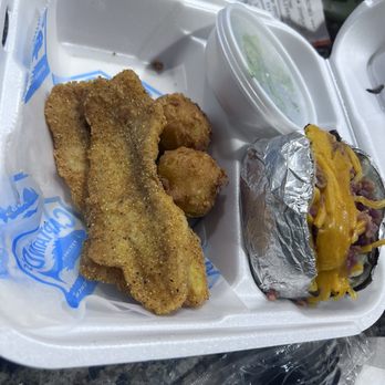 Captain D's - 2 Piece Catfish Meal, loaded baked potato and broccoli. - Seafood Near Me - Humble, Texas Captain D's - 2 Piece Catfish Meal, loaded baked potato and broccoli. - Seafood Near Me - Humble, Texas