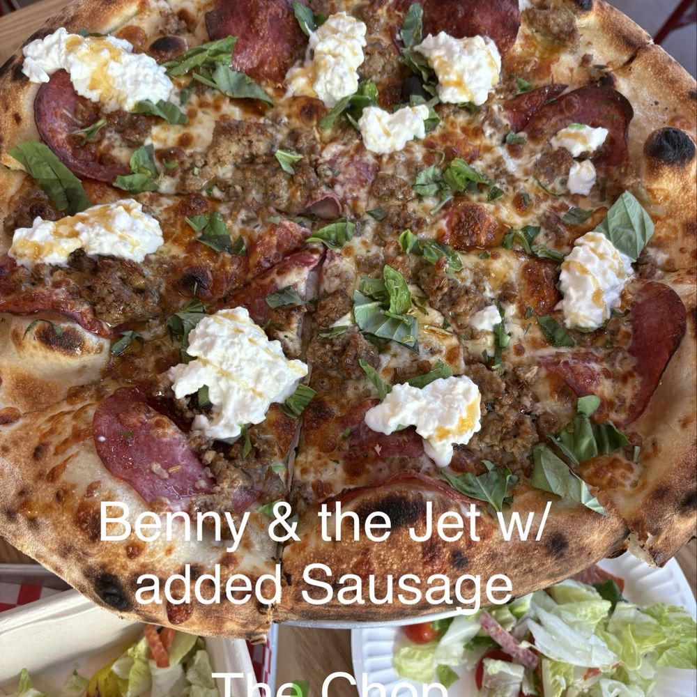 Odie's Pizza - Whole Benny & the Jet w/sausage Pizza & the Chopped salad - Pizza Near Me - Oceanside, California Odie's Pizza - Whole Benny & the Jet w/sausage Pizza & the Chopped salad - Pizza Near Me - Oceanside, California