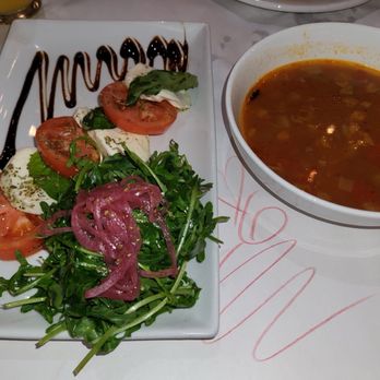 Romano's Macaroni Grill - Caprese salad with vegetable soup - Italian Near Me - McAllen, Texas Romano's Macaroni Grill - Caprese salad with vegetable soup - Italian Near Me - McAllen, Texas