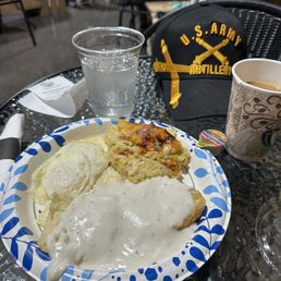 Brown casserole, two eggs, sausage and biscuits all excellent.