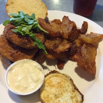 Kool Beanz Cafe - Fried green tomato BLT with rosemary fried potatoes. It comes with a fried egg and Lemon Aioli sauce, I just got it on the side. - New American Near Me - Tallahassee, Florida Kool Beanz Cafe - Fried green tomato BLT with rosemary fried potatoes. It comes with a fried egg and Lemon Aioli sauce, I just got it on the side. - New American Near Me - Tallahassee, Florida