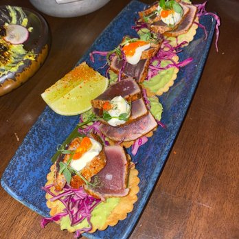 Kahlo - Yellow Fin Tuna Tostadas (normal serving is 3 we added an additional one) - New Mexican Cuisine Near Me - New York, New York Kahlo - Yellow Fin Tuna Tostadas (normal serving is 3 we added an additional one) - New Mexican Cuisine Near Me - New York, New York