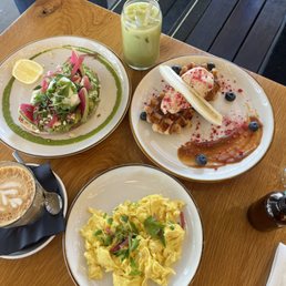 Waffles, Avocado Toast, scrambled eggs Waffles, Avocado Toast, scrambled eggs