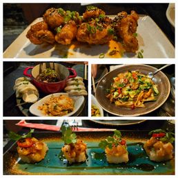 Korean wings, pork knuckle with bao, drunken noodle, and salmon tartare on crispy rice