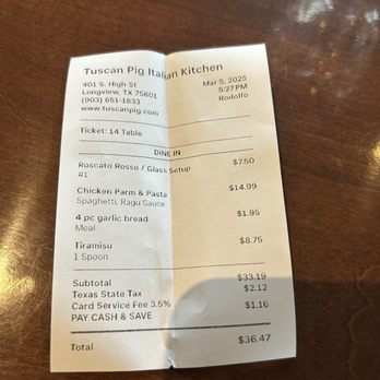 Tuscan Pig Italian Kitchen - Ticket - Italian Near Me - Longview, Texas