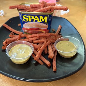 Hatchet House BBQue - Spam Fries with honey mustard like sauce. - Barbeque Near Me - Graham, Texas