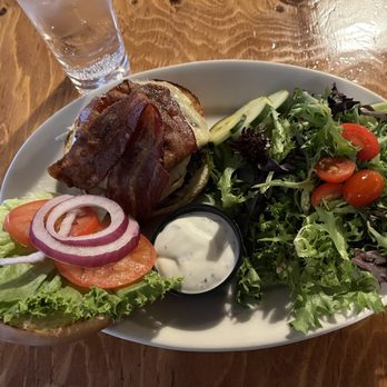 Basecamp Books & Bites - The Basecamp Cheeseburger with bacon and a side salad with ranch. - Bookstores Near Me - Roslyn, Washington Basecamp Books & Bites - The Basecamp Cheeseburger with bacon and a side salad with ranch. - Bookstores Near Me - Roslyn, Washington