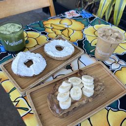 Matcha, BSC latte, Everything Bagel with cream cheese, Toast with peanut butter, banana, and Nutella Matcha, BSC latte, Everything Bagel with cream cheese, Toast with peanut butter, banana, and Nutella