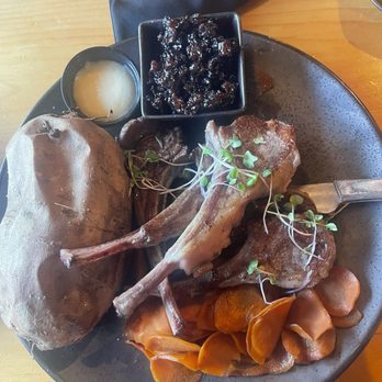 The Charred Oak Tavern - lamb chops. didn't need sauce. cooked perfectly, carrots and sweet potato was awesome!! - Bars Near Me - Middleborough, Massachusetts