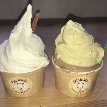 Gelato & Co - Mango & coconut (left), Rocher & pistachio (right) - Gelato Near Me - Katy, Texas Gelato & Co - Mango & coconut (left), Rocher & pistachio (right) - Gelato Near Me - Katy, Texas
