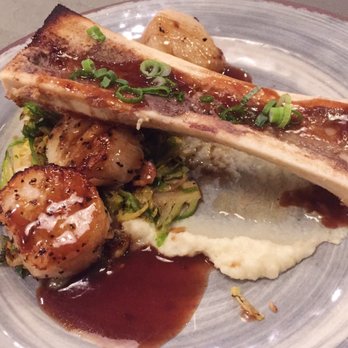 Thyme on Section - Scallops with creamed parsnips, shaved Brussels, & bone marrow - New American Near Me - Fairhope, Alabama Thyme on Section - Scallops with creamed parsnips, shaved Brussels, & bone marrow - New American Near Me - Fairhope, Alabama