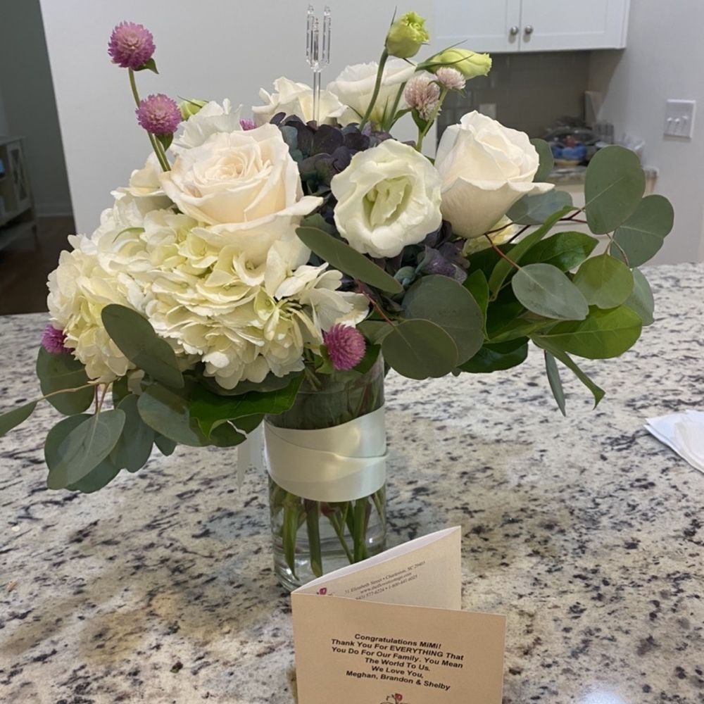 The Flower Cottage - Clover, eucalyptus leaves, roses, hydrangeas, and some others mixed in. - Florists Near Me - Charleston, South Carolina The Flower Cottage - Clover, eucalyptus leaves, roses, hydrangeas, and some others mixed in. - Florists Near Me - Charleston, South Carolina