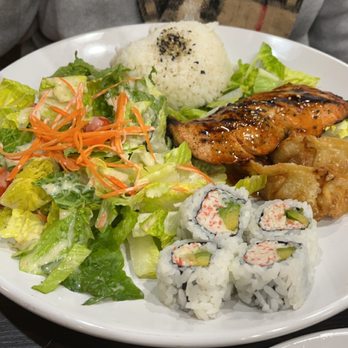 Yoshi Sushi - Lunch special Salmon teriyaki and rice with miso soup,Cali rolls, salad, and gyoza. - Japanese Near Me - Milpitas, California Yoshi Sushi - Lunch special Salmon teriyaki and rice with miso soup,Cali rolls, salad, and gyoza. - Japanese Near Me - Milpitas, California