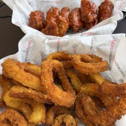 Onion Rings and firecracker sauces chicken