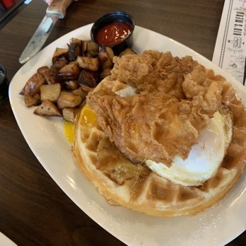 Toasted - Oh Dang French toast, waffle and pancake, eggs, potatoes, sausage patty - Breakfast & Brunch Near Me - Bakersfield, California