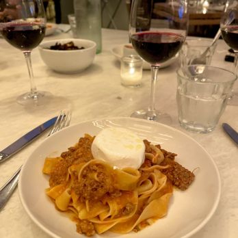 La Pecora Bianca Midtown - Tagliatelle with Burrata and a glass of Cab - Italian Near Me - New York, New York La Pecora Bianca Midtown - Tagliatelle with Burrata and a glass of Cab - Italian Near Me - New York, New York