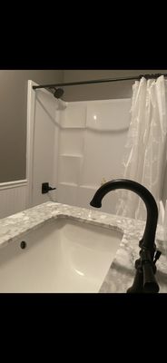 Bathroom Remodel - This remodel was done in a customers guest bathroom. The toilet was cracked and leaking, causing significant rot to subfloor and floor joists. After some carpentry work and ensuring structural soundness, the groundwork was laid for a full bathroom remodel! Bathroom Remodel - This remodel was done in a customers guest bathroom. The toilet was cracked and leaking, causing significant rot to subfloor and floor joists. After some carpentry work and ensuring structural soundness, the groundwork was laid for a full bathroom remodel!
