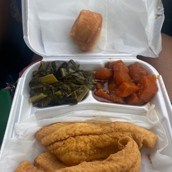 Big Daddy's Kitchen - 2pc Fried catfish with collard greens & yams - Soul Food Near Me - Atlanta, Georgia