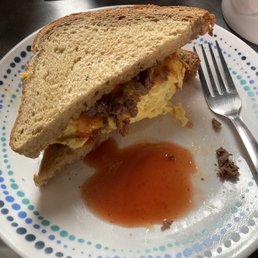 Steak, egg, and cheese sandwhich on rye