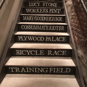 Democracy Brewing - staircase to bathroom - American Near Me - Boston, Massachusetts